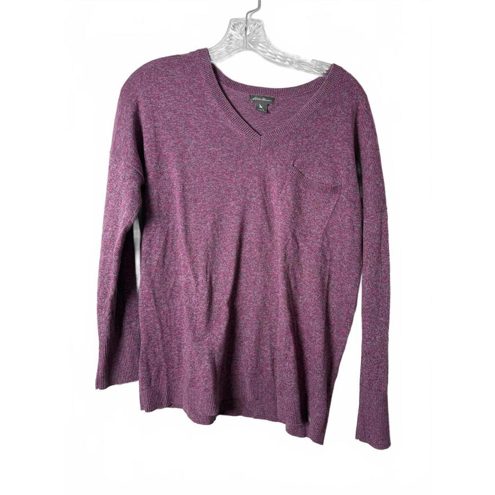 Eddie Bauer Women's Heather Purple Pocket V Neck Cotton Blend Sweater SZ Small.